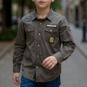Guess Jeans Kids Shirt Boys Large 16-18 Gray Military Long Sleeve‎